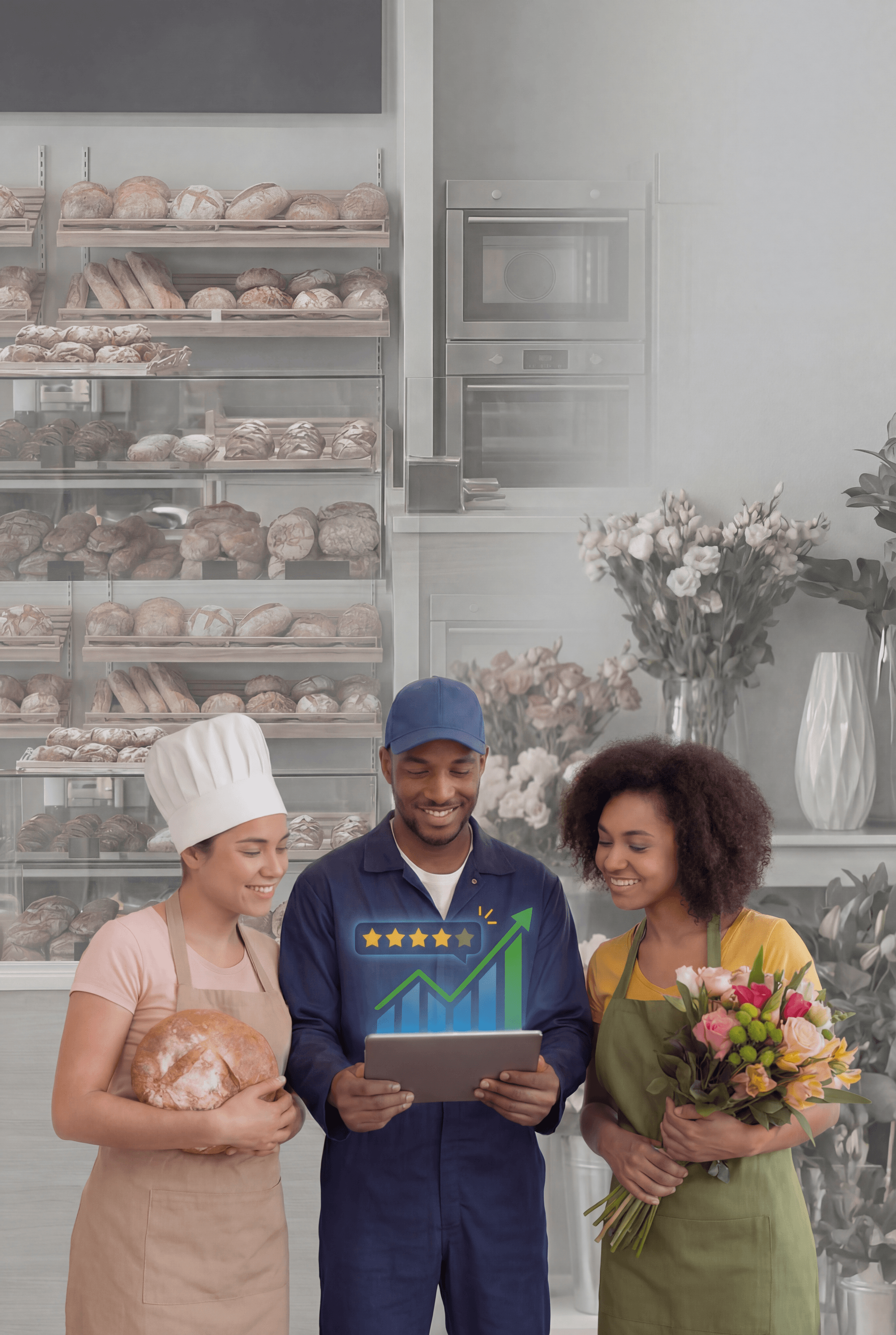 Three small business owners reviewing their five-star ratings and business growth on a tablet