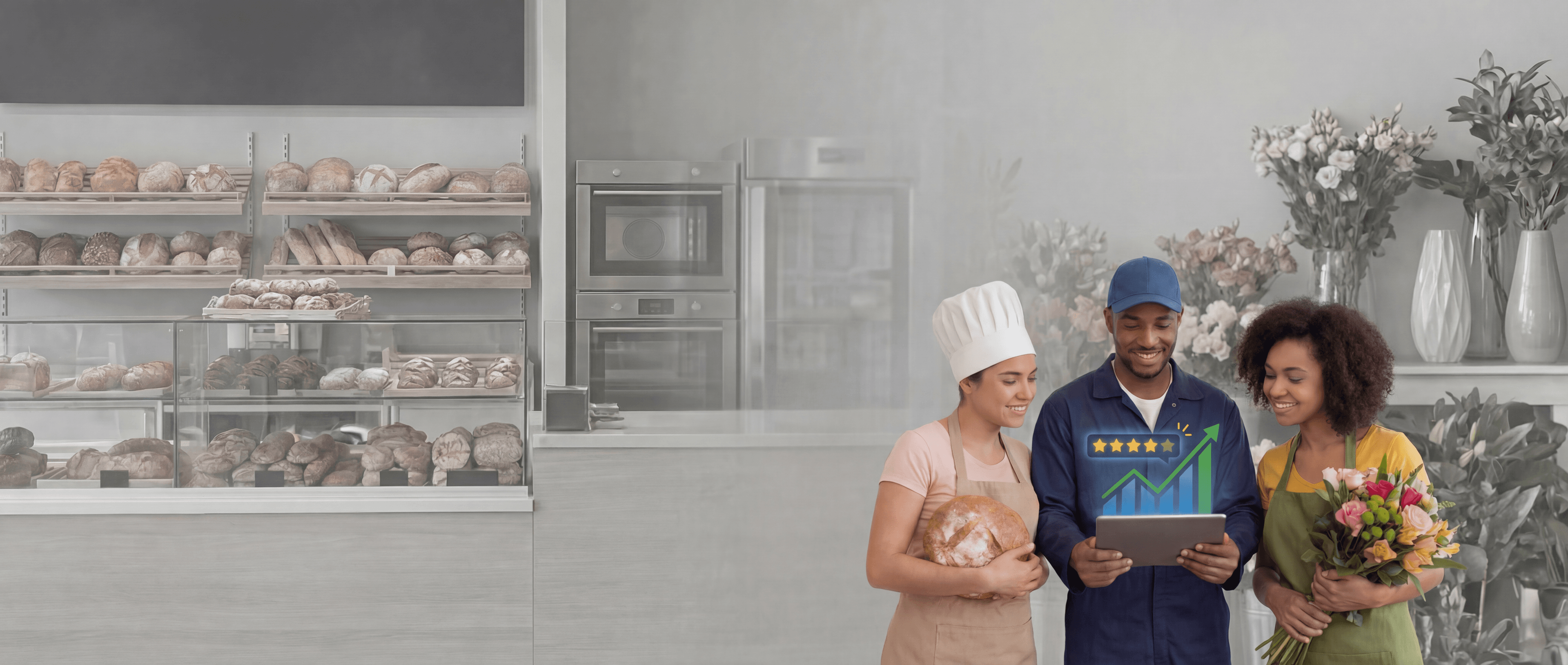 Three small business owners reviewing their five-star ratings and business growth on a tablet