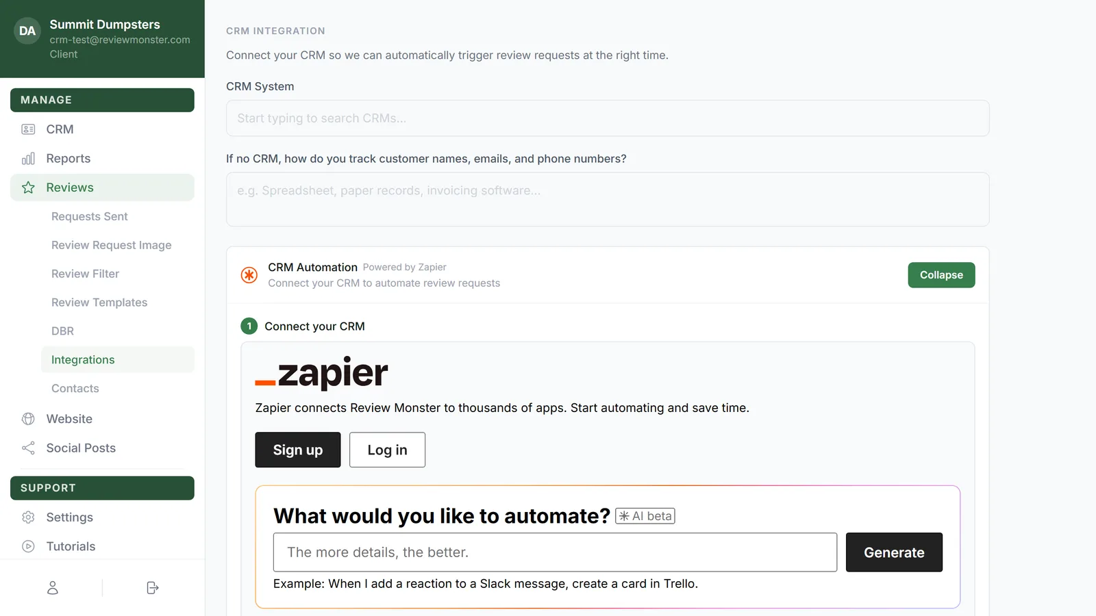 The CRM Integration page before a CRM is chosen