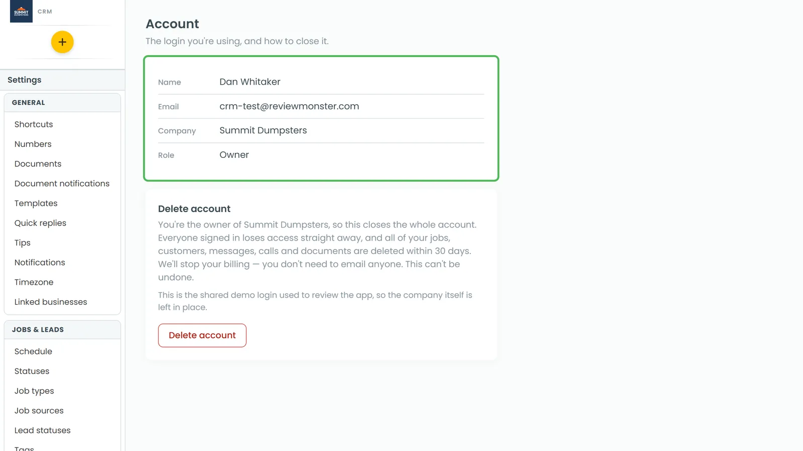 The Account page, with your login details on top and Delete account below