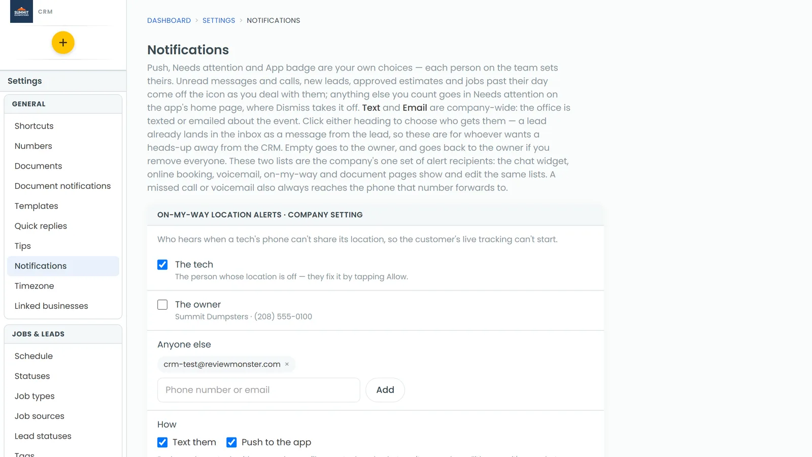The New voicemail row with its Text and Email boxes