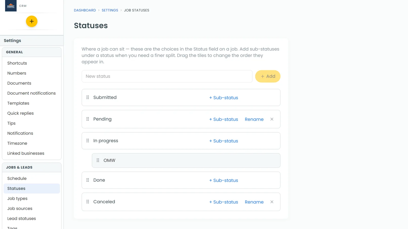 The Statuses page, with sub-statuses indented under their status