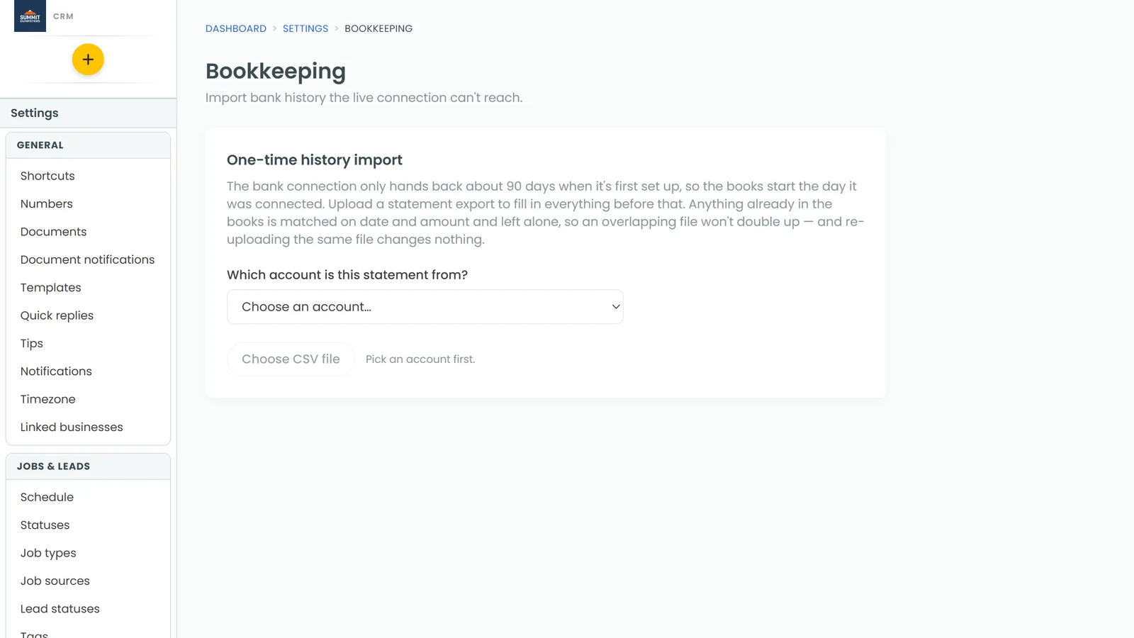 The One-time history import card in Settings > Bookkeeping