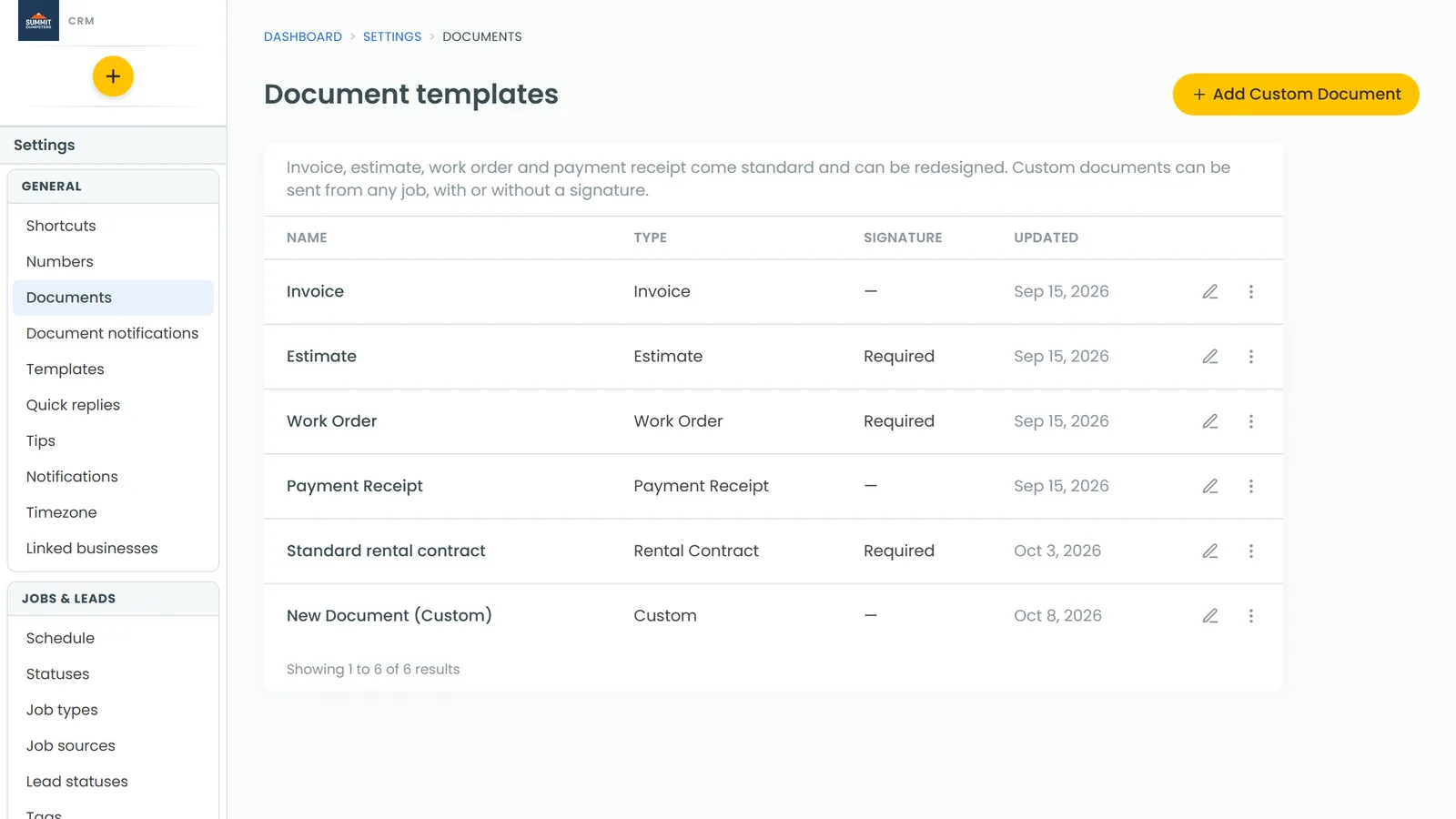 The Document templates list, where each template has its own settings
