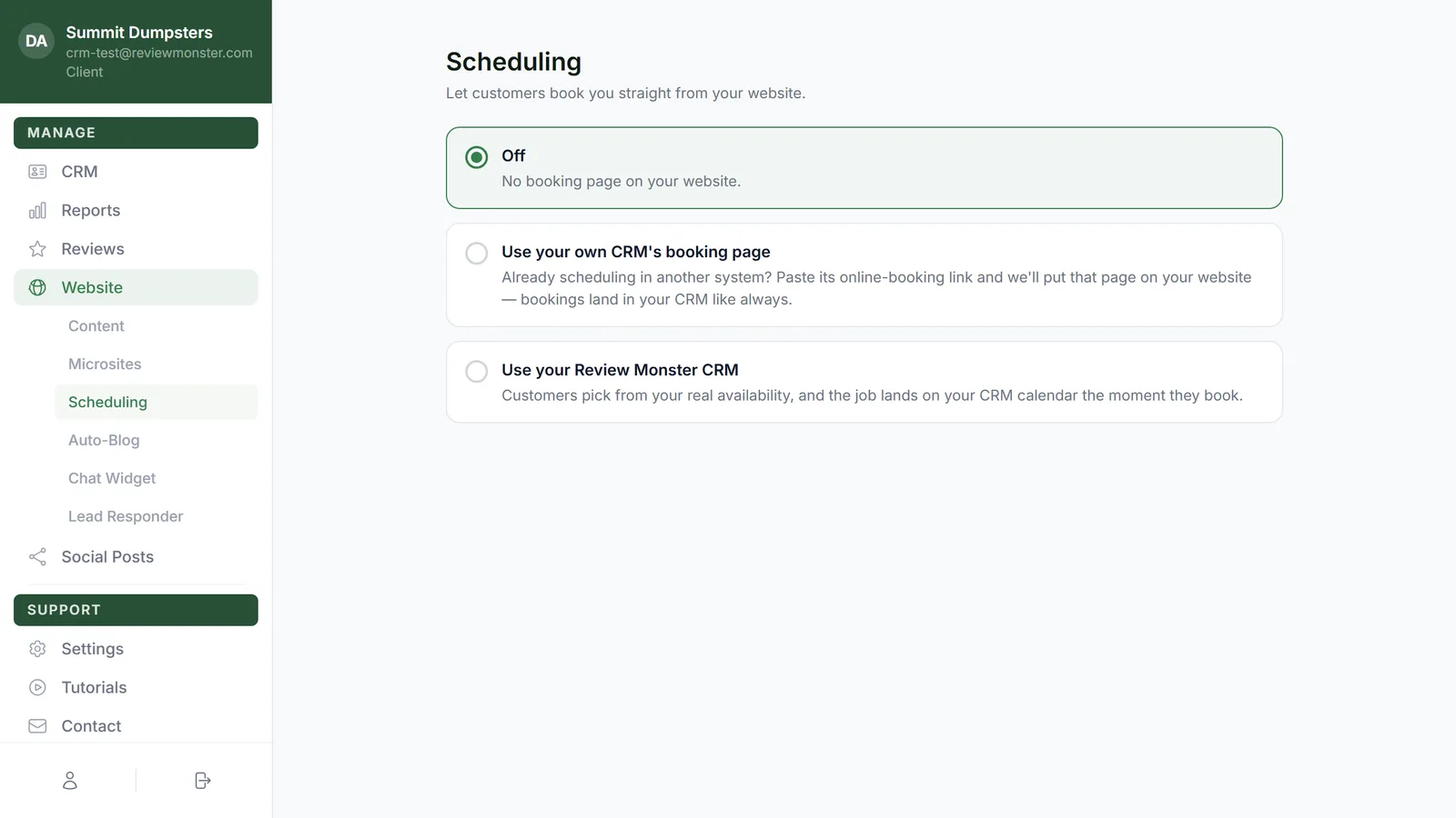 The Scheduling page in your dashboard, where your booking settings live