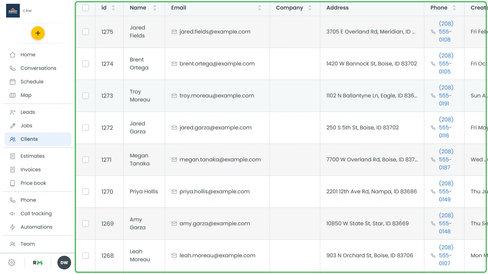 The Clients list with the tick boxes down the left