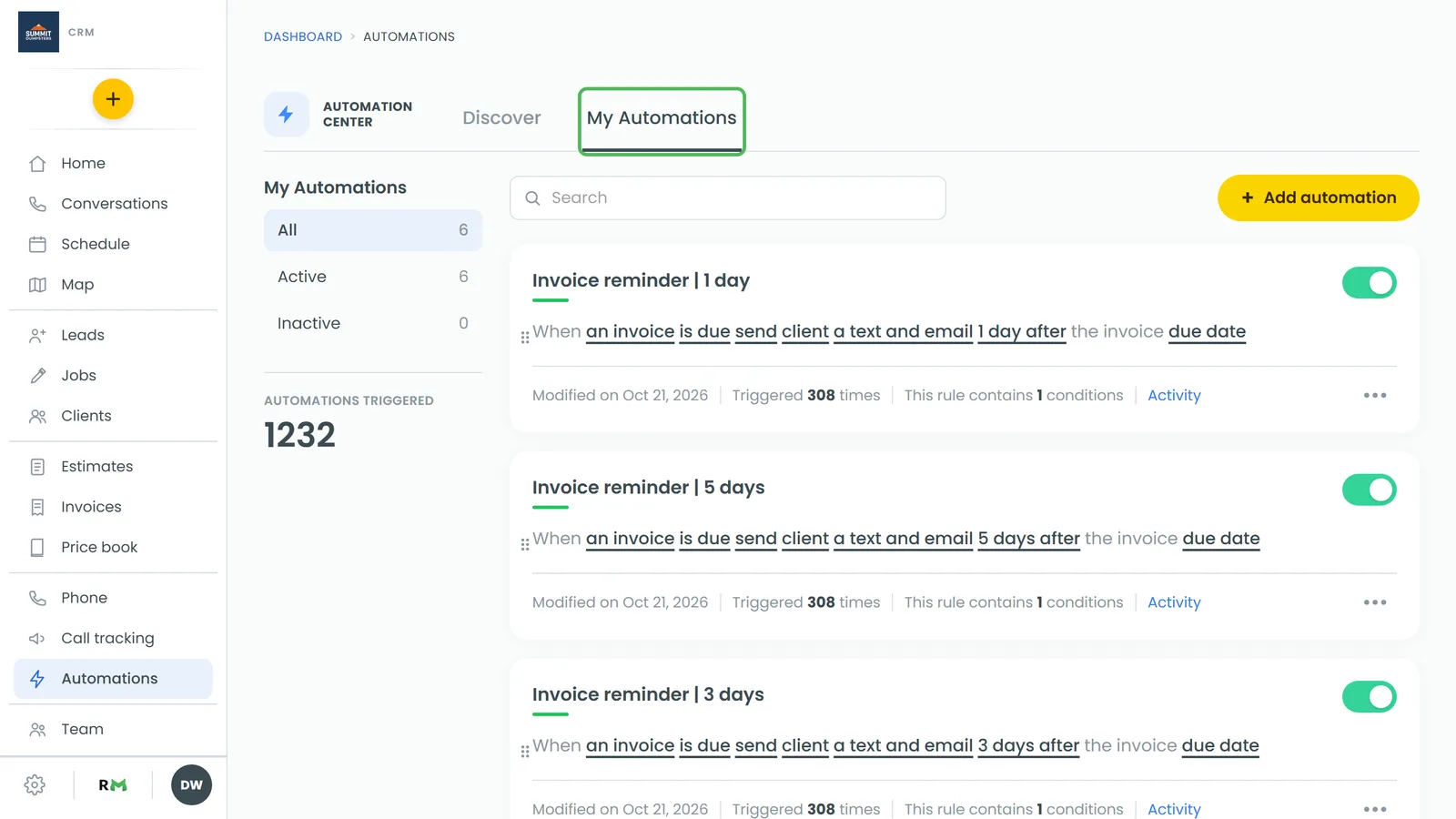 Your rules on the My Automations tab, each with its own on/off switch