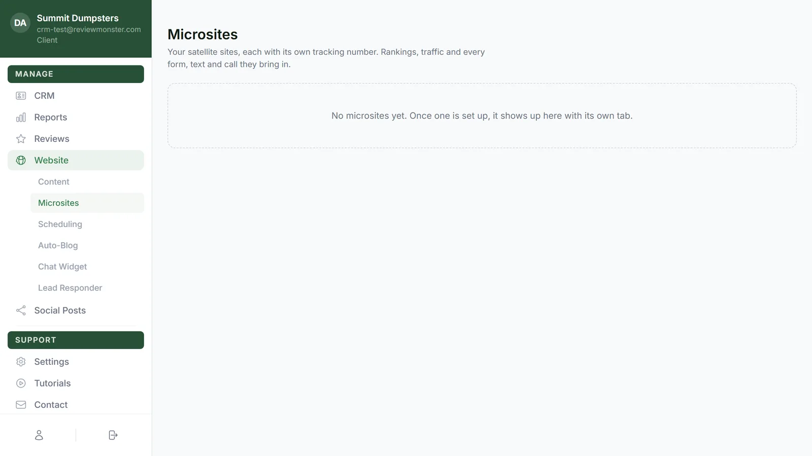 The Microsites page with a tab for each satellite site